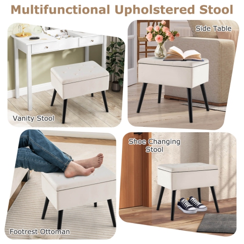 Costway Velvet Vanity Stool Ottoman with Storage Solid Wood Legs Flip-Up Top for Entryway