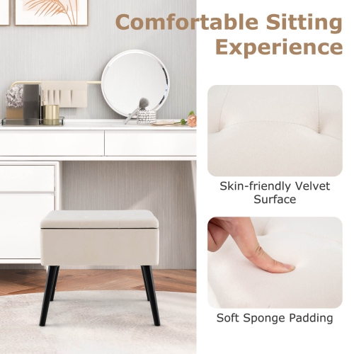 Costway Velvet Vanity Stool Ottoman with Storage Solid Wood Legs Flip-Up Top for Entryway