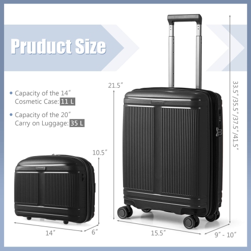2 PCS Luggage Set 20" Carry-on Suitcase & 14" Cosmetic Case w/ TSA Lock USB Port