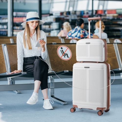 2 PCS Luggage Set 20" Carry-on Suitcase & 14" Cosmetic Case w/ TSA Lock USB Port