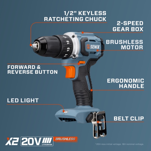 SENIX X2 20V Max* 1/2-Inch Cordless Drill/Driver, Brushless Motor, 540ft-lbs of Max Torque, 2000 RPM Max, 2-Speed, Battery, Bag, & Charger Included