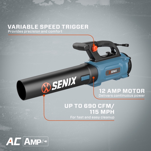 SENIX 12 Amp Corded Leaf Blower, Up To 690 CFM and 115 MPH