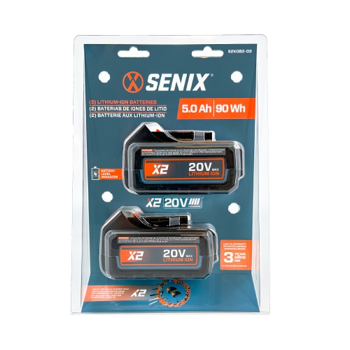 SENIX X2 20V Max* 5.0 Ah Lithium-ion Batteries 2-Pack – Compatible with X2 Lawn and Garden and Cordless Power Tools