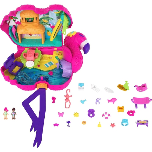 Mini jouets Polly Pocket | Grand coffret compact avec 2 micro-poupées et accessoires | Flamingo Party | jouets de voyage et cadeaux pour enfants