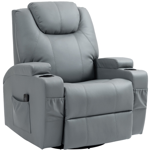 HOMCOM – Fauteuil de massage inclinable pour salon avec 8 points de vibration, fauteuil berçant inclinable manuel pivotant en cuir pu avec porte-gobe