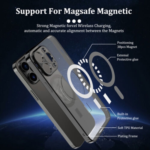 For Apple iPhone 16 Pro MagSafe Magnetic Case with HaloLock Shockproof Protective Electroplating Clear Cover - Black
