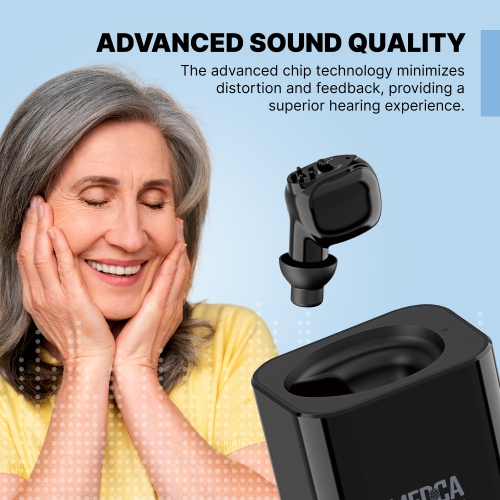 Rechargeable Hearing Amplifier with HD Sound, Noise Reduction, and Charging Base. Sleek Black Design, Suitable for Either Ear, Long-Lasting