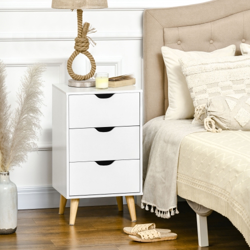 HOMCOM Nightstand, Bedside Table with 3 Drawers, Small Side Table with Wood Legs and Cut-out Handles for Bedroom, White