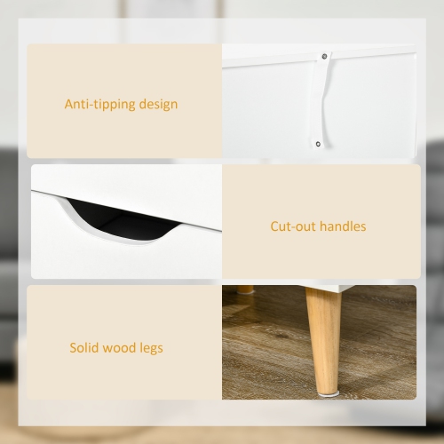 HOMCOM Nightstand, Bedside Table with 3 Drawers, Small Side Table with Wood Legs and Cut-out Handles for Bedroom, White