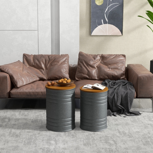 Tables gigognes HOMCOM, ensemble de 2 tables d'appoint, table basse ronde avec couvercle en bois amovible, cadre en métal et espace dissimulé, tables