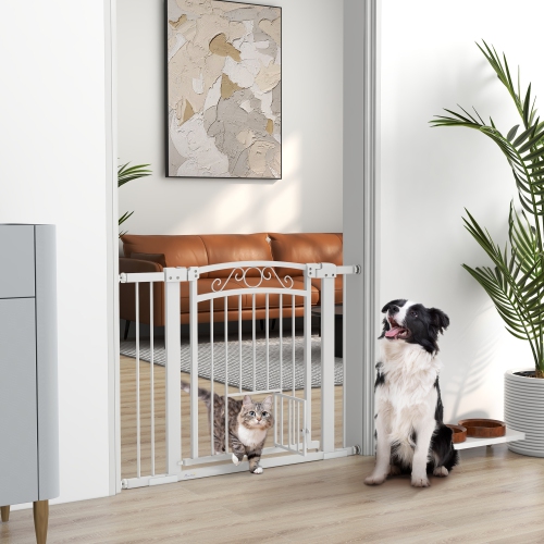 PawHut 30"-41" Wide Dog Gate, 30" Tall Walk Through Pet Gate with Small Pet Door, Auto Close, for Doorways, House, Stair, 2 Extension Kits, Pressure
