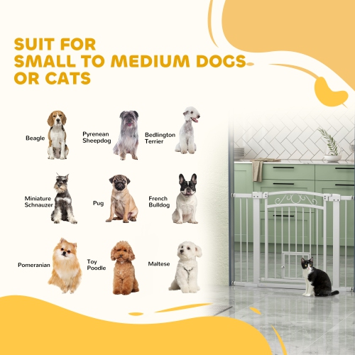 PawHut 30"-41" Wide Dog Gate, 30" Tall Walk Through Pet Gate with Small Pet Door, Auto Close, for Doorways, House, Stair, 2 Extension Kits, Pressure