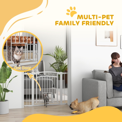 PawHut 30"-41" Wide Dog Gate, 30" Tall Walk Through Pet Gate with Small Pet Door, Auto Close, for Doorways, House, Stair, 2 Extension Kits, Pressure
