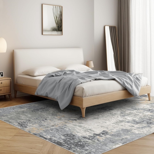 4' x 6' Area Rug, Modern Abstract Area Rug, Machine Washable Rug, for Living Room, Dining Room, Office, Kithen, Non-Slip Bedroom Rug, Grey/Gold