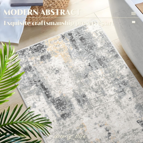 4' x 6' Area Rug, Modern Abstract Area Rug, Machine Washable Rug, for Living Room, Dining Room, Office, Kithen, Non-Slip Bedroom Rug, Grey/Gold