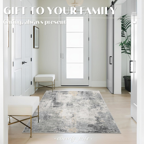 4' x 6' Area Rug, Modern Abstract Area Rug, Machine Washable Rug, for Living Room, Dining Room, Office, Kithen, Non-Slip Bedroom Rug, Grey/Gold