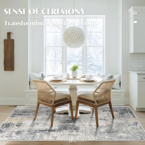 4' x 6' Area Rug, Modern Abstract Area Rug, Machine Washable Rug, for Living Room, Dining Room, Office, Kithen, Non-Slip Bedroom Rug, Grey/Gold