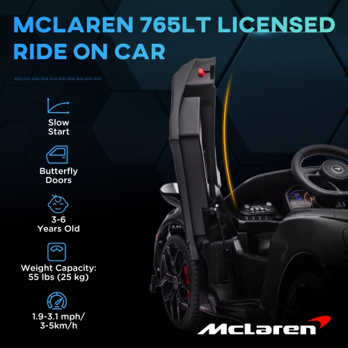 Qaba Luxury 12V Ride on Car, McLaren 765LT Licensed Electric Car for Kids with Scissor Doors, Transport Wheels, Remote Control, Slow Start, Battery