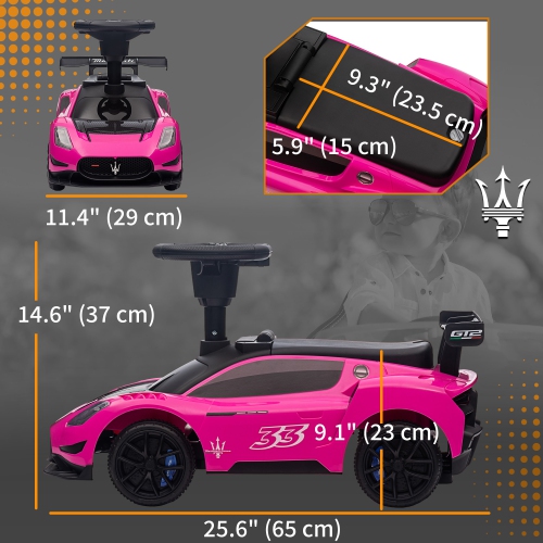 Qaba Maserati GT2 siège pour bébé debout, jouet porteur pour tout-petits, enfant en voiture coulissante avec rangement sous le siège, phares à DEL