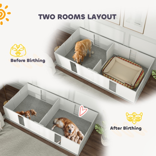 PawHut Whelping Box for Dogs and Puppies, Dog Whelping Pen, Dog Birth Supplies Indoor with Removable Adjustable Height Doors, for Large Sized Dogs,