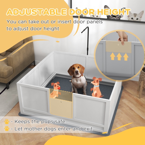 PawHut Whelping Box for Dogs, Puppy Playpen with Retractable Light Stand, Washable Pee Pads, Rail, Adjustable Height Door for Small, Medium & Large