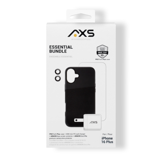 AXS Essential Bundle | PROTech Plus Case, Screen Protectors and 30w Charger for Apple iPhone 16 Plus | Black