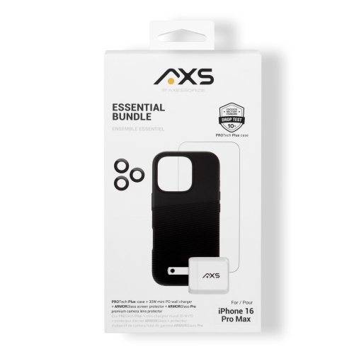 AXS Essential Bundle | PROTech Plus Case, Screen Protectors and 30w Charger for Apple iPhone 16 Pro Max | Black