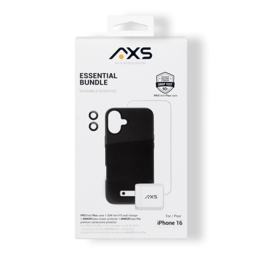 AXS Essential Bundle | PROTech Plus Case, Screen Protectors and 30w Charger for Apple iPhone 16 | Black