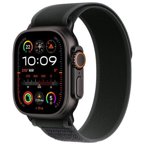 Apple Watch Ultra 2 avec boîtier de 49 mm en titane noir et bracelet sentier noir - Petit/Moyen