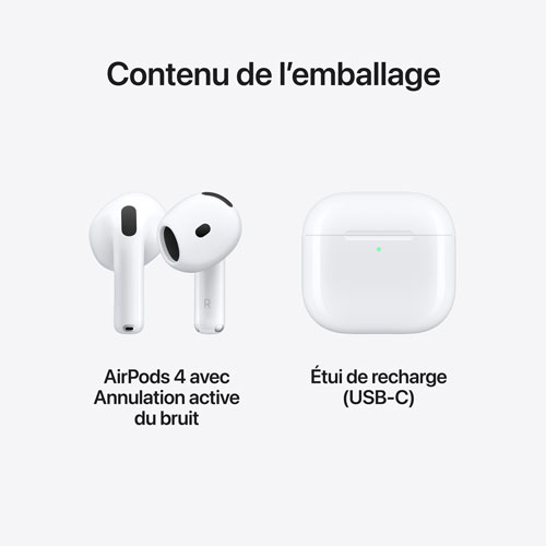Écouteurs boutons 100 % sans fil à suppression active du bruit AirPods 4 d'Apple avec étui de chargement USB-C