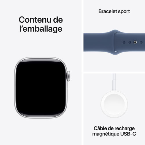 Apple Watch Series 10 (GPS + cellulaire) de 42 mm avec boîtier en aluminium argenté et bracelet sport denim