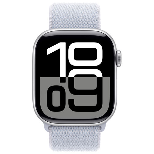 Apple Watch Series 10 avec boîtier de 42 mm en aluminium argenté et bracelet sport à rabat nuage bleu