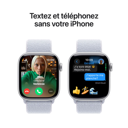 Apple Watch Series 10 avec boîtier de 42 mm en aluminium argenté et bracelet sport à rabat nuage bleu
