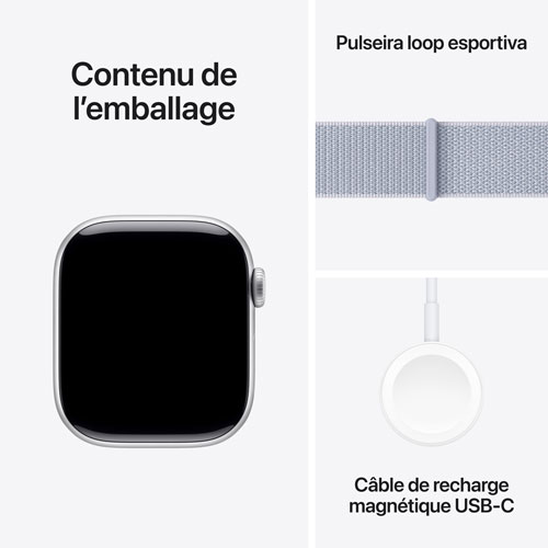 Apple Watch Series 10 avec boîtier de 42 mm en aluminium argenté et bracelet sport à rabat nuage bleu