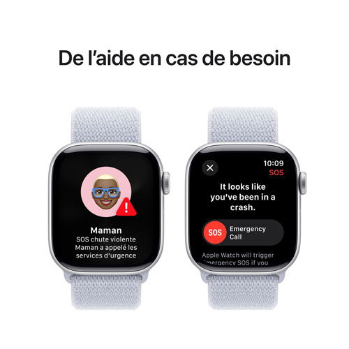 Apple Watch Series 10 avec boîtier de 42 mm en aluminium argenté et bracelet sport à rabat nuage bleu