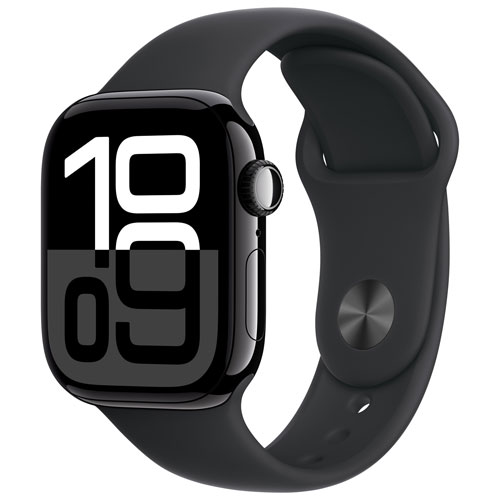 Apple Watch Series 10 avec boîtier de 42 mm en aluminium noir de jais et bracelet sport noir - Moyen/Grand