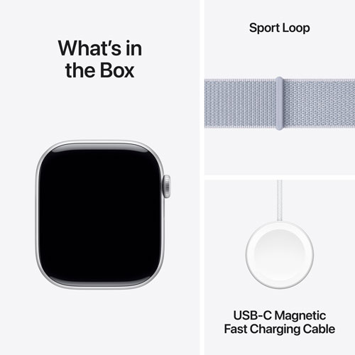Apple Watch Series 10 avec boîtier de 46 mm en aluminium argenté et bracelet sport à rabat nuage bleu
