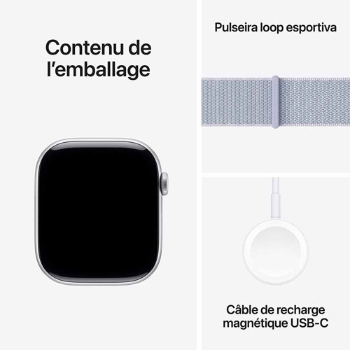 Apple Watch Series 10 avec boîtier de 46 mm en aluminium argenté et bracelet sport à rabat nuage bleu
