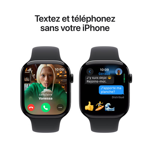 Apple Watch Series 10 (GPS + cellulaire) avec boîtier de 46 mm en aluminium noir de jais et bracelet sport noir - Petit/Moyen
