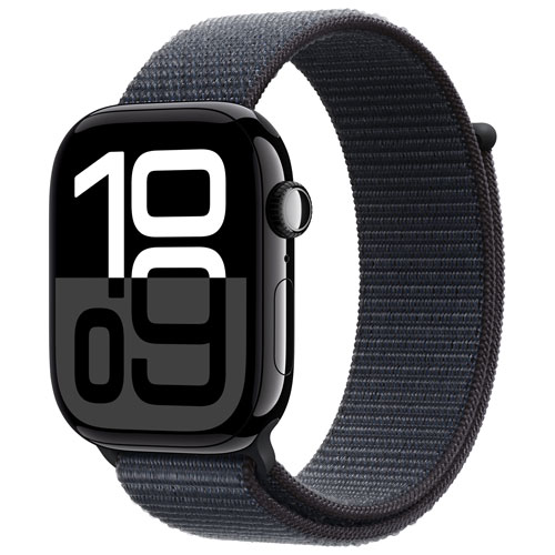 Apple Watch Series 10 avec boîtier de 46 mm en aluminium noir de jais et bracelet sport à rabat encre