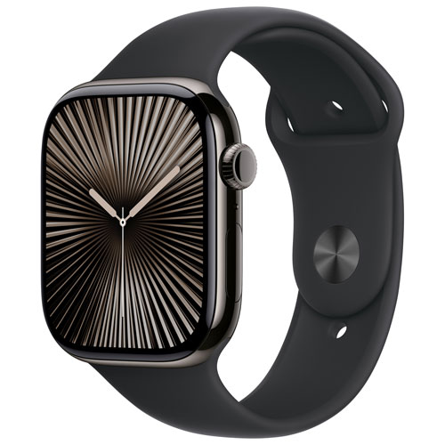 Apple Watch Series 10 avec boîtier de 46 mm en titane ardoise et bracelet sport noir - Petit/Moyen