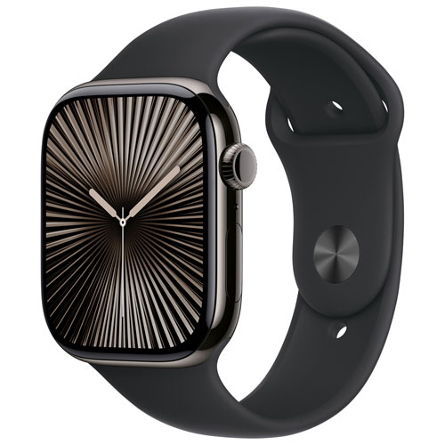 Apple Watch Series 10 avec boîtier de 46 mm en titane ardoise et bracelet sport noir - Moyen/Grand