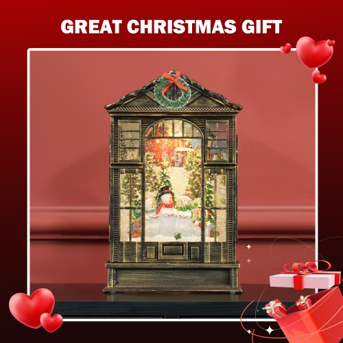 HOMCOM Christmas Snow Globe Lantern with Lights, Musical Snow Globe with Swirling Glitter, Battery Operated Christmas Decoration for Holiday Party