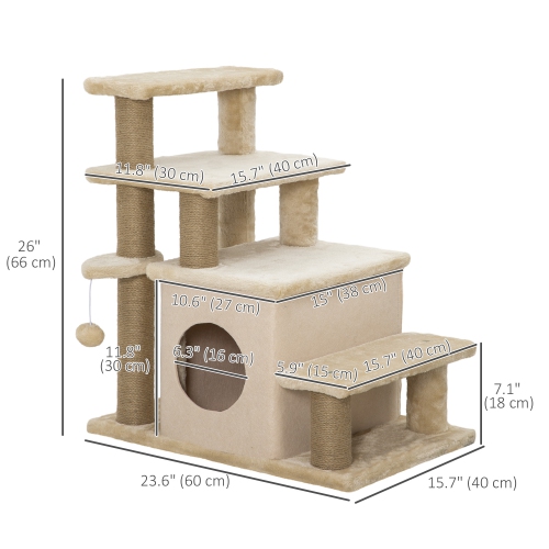 PawHut Adjustable Height Cat Stairs with Jute Scratching Posts, Cat House for Cozy Rest, Pet Steps for Couch Sofa and High Bed with Hanging Ball,