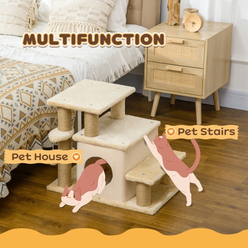 PawHut Adjustable Height Cat Stairs with Jute Scratching Posts, Cat House for Cozy Rest, Pet Steps for Couch Sofa and High Bed with Hanging Ball,