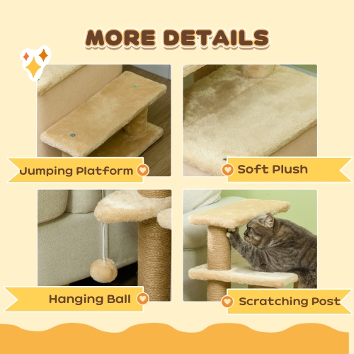 PawHut Adjustable Height Cat Stairs with Jute Scratching Posts, Cat House for Cozy Rest, Pet Steps for Couch Sofa and High Bed with Hanging Ball,