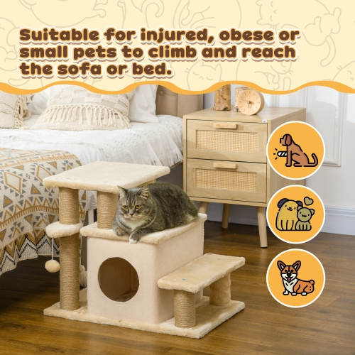 PawHut Adjustable Height Cat Stairs with Jute Scratching Posts, Cat House for Cozy Rest, Pet Steps for Couch Sofa and High Bed with Hanging Ball,