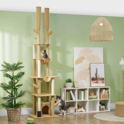 PawHut Floor to Ceiling Cat Tree, 89"-100" Adjustable Height Cat Tower for Large Cats with Scratching Posts, Grooming Brush Post, Cat Condo, Perches,
