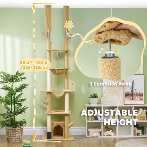 PawHut Floor to Ceiling Cat Tree, 89"-100" Adjustable Height Cat Tower for Large Cats with Scratching Posts, Grooming Brush Post, Cat Condo, Perches,
