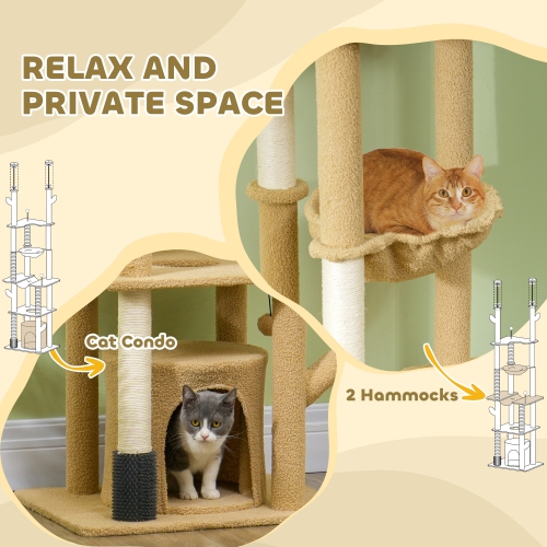 PawHut Floor to Ceiling Cat Tree, 89"-100" Adjustable Height Cat Tower for Large Cats with Scratching Posts, Grooming Brush Post, Cat Condo, Perches,